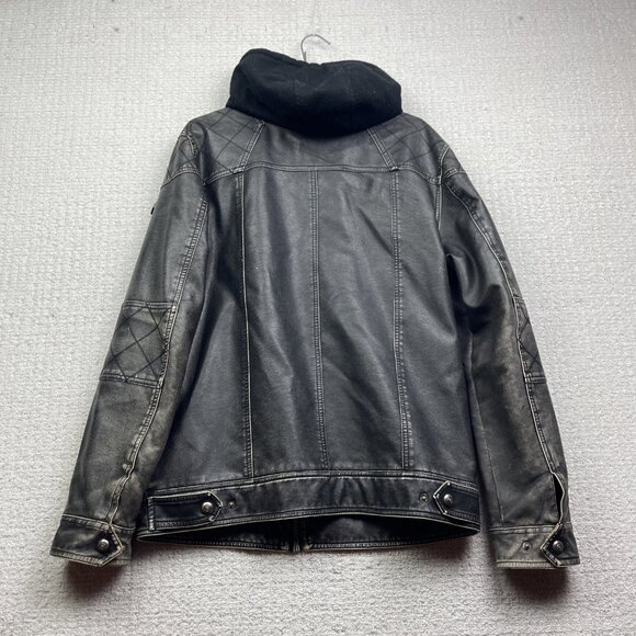 VTG B-STAR Faux Leather Moto jacket Distressed Punk Military Quilted Hood Sz S** - Picture 11 of 14